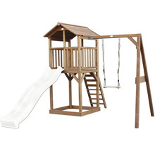 Tour de jeux en bois avec toit à deux pans, toboggan à vagues, échelle et une balançoire pour le jardin.