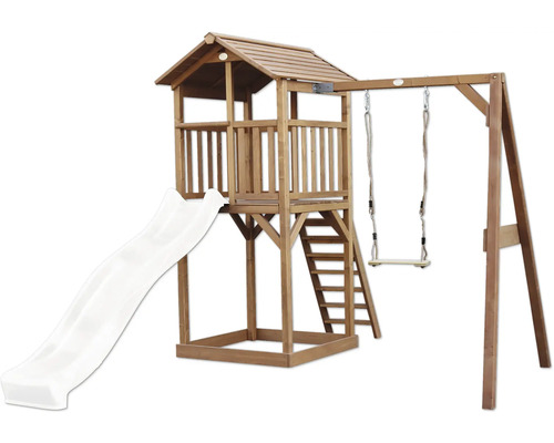 Spielturm aus Holz mit Satteldach, Wellenrutsche, Leiter und einer Schaukel für den Garten.