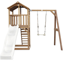 Tour de jeux en bois avec un toboggan blanc et une balançoire pour le jardin.