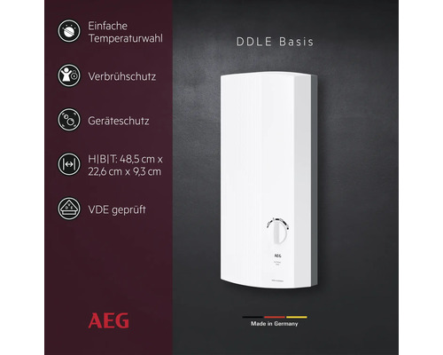 AEG Elektronischer Durchlauferhitzer DDLE Basis mit Temperaturregler, Verbrühschutz, Geräteschutz und VDE-geprüft.