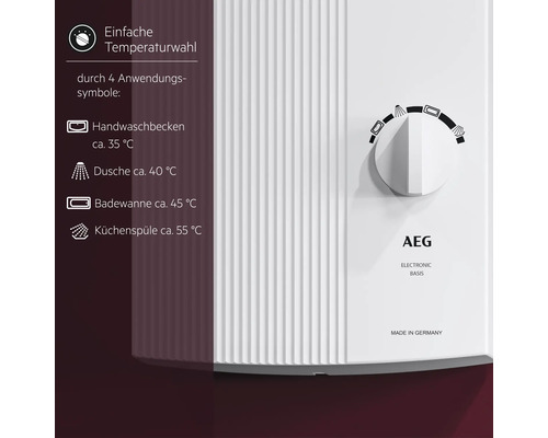 AEG Durchlauferhitzer mit Temperaturregler und Symbolen für Waschbecken, Dusche, Badewanne und Spüle von 35 bis 55 Grad Celsius.