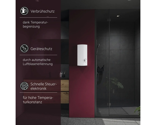 Durchlauferhitzer im Badezimmer neben einer Dusche mit Symbolen für Verbrühschutz, Geräteschutz und schnelle Steuerelektronik.