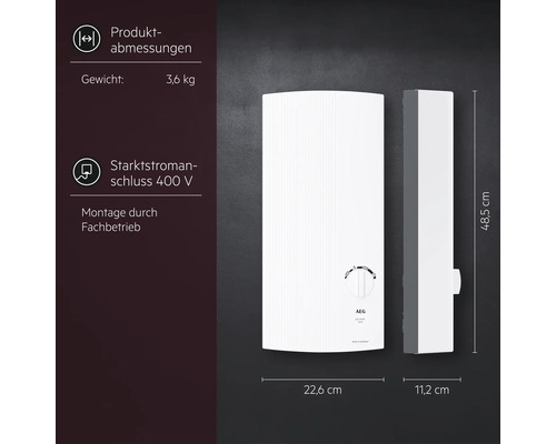 AEG elektronischer Durchlauferhitzer, 48,5 Zentimeter hoch, 22,6 Zentimeter breit, 11,2 Zentimeter tief, 3,6 Kilogramm, 400 Volt Starkstromanschluss.