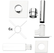Kit de système d évacuation des fumées comprenant des conduits en acier inoxydable, des conduits en plastique, un raccord en T, des rosaces murales et du matériel de fixation.