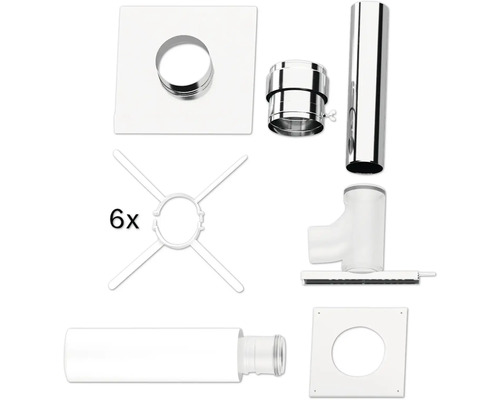 Kit de système d évacuation des fumées comprenant des conduits en acier inoxydable, des conduits en plastique, un raccord en T, des rosaces murales et du matériel de fixation.