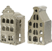 Maisons décoratives aspect métal, deux modèles de maisons de canal avec ouvertures de fenêtres.