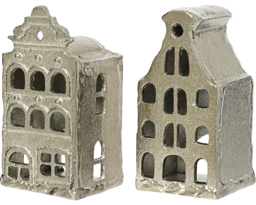 Maisons décoratives aspect métal, deux modèles de maisons de canal avec ouvertures de fenêtres.