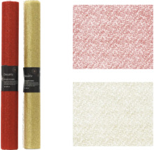 Deux rouleaux de tissu décoratif scintillant de Decoris, dimensions 35 par 200 centimètres, avec des vues détaillées de la structure.