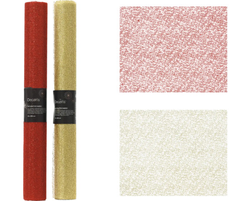 Deux rouleaux de tissu décoratif scintillant de Decoris, dimensions 35 par 200 centimètres, avec des vues détaillées de la structure.