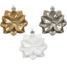 Décorations pour sapin de Noël en forme de fleur, lot de trois suspensions en or, argent et blanc avec des paillettes.