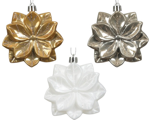 Décorations pour sapin de Noël en forme de fleur, lot de trois suspensions en or, argent et blanc avec des paillettes.