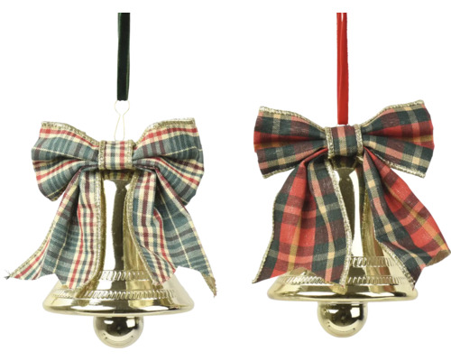 Deux cloches de Noël dorées avec des nœuds à carreaux comme décorations d'arbre.