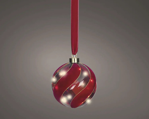 Boule de Noël lumineuse avec motif en spirale rouge et ruban de suspension.