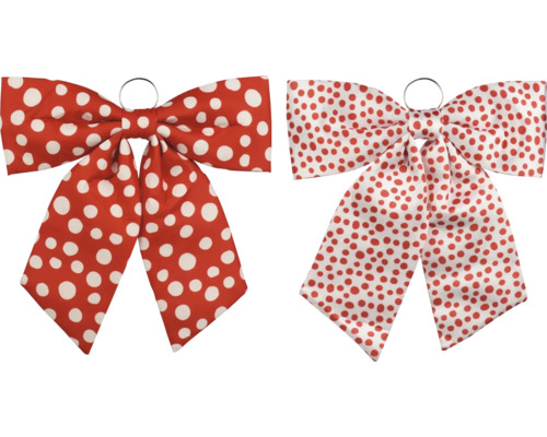 Deux nœuds décoratifs en textile à pois rouges et blancs, avec anneau métallique de suspension.