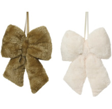 Deux nœuds décoratifs en fausse fourrure marron et blanche avec ruban à suspendre pour la décoration de Noël.