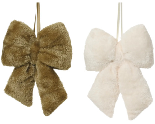 Deux nœuds décoratifs en fausse fourrure marron et blanche avec ruban à suspendre pour la décoration de Noël.