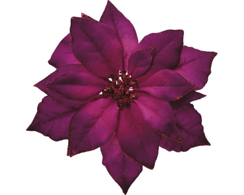 Fleur de Noël artificielle poinsettia violette avec bordure pailletée.