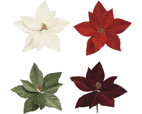 Têtes de fleurs de poinsettia artificielles de différentes couleurs pour les décorations de Noël.