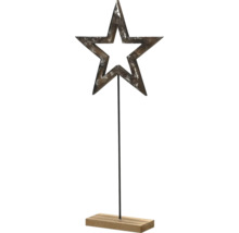 Étoile décorative sur support, métal avec finition antique et socle en bois, étoile évidée.