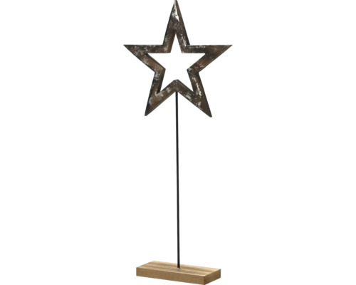 Étoile décorative sur support, métal avec finition antique et socle en bois, étoile évidée.
