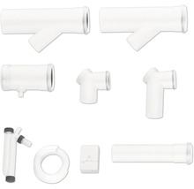 Divers raccords et pièces de forme en plastique blanc pour un système de tuyauterie, y compris une unité de commande.