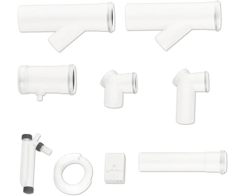 Divers raccords et pièces de forme en plastique blanc pour un système de tuyauterie, y compris une unité de commande.