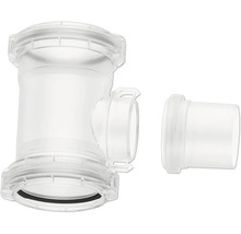 Raccord en T transparent en plastique pour systèmes de tuyauterie avec raccord séparé.