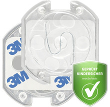 Protection de prise transparente à coller avec bandes adhésives 3M et mécanisme rotatif. Sécurité enfants testée. 3M Logo.