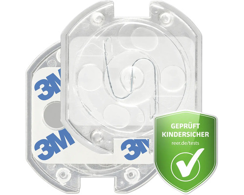 Protection de prise transparente à coller avec bandes adhésives 3M et mécanisme rotatif. Sécurité enfants testée. 3M Logo.