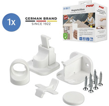 Kit de sécurité enfant Reer blanc avec serrure magnétique pour armoires et tiroirs, matériel de montage et clé magnétique.