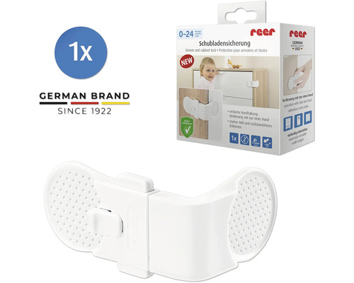 Weiße Schubladensicherung aus Kunststoff für Schränke und Schubladen von Reer inklusive Verpackung und Reer Logo.