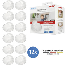 12 transparente Reer Eckenschützer aus weichem Material im Vorteilspack für Kindersicherheit an Möbelkanten.