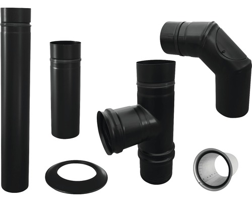 Pellet-Ofenrohr-Set Bertrams Ø100 mm pulverbeschichtet 6-teilig schwarz Schornsteinrohrset mit Rohren, Winkel und Rosette