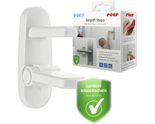 Reer Türgriff-Stopp in Weiß zur Kindersicherung von Türen. Verhindert das Öffnen durch Kinder. Inklusive Verpackung mit reer Logo und Prüfsiegel.