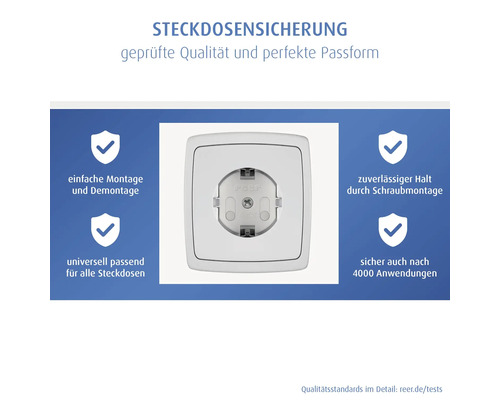 reer Steckdosensicherung zum Schrauben für alle gängigen Steckdosen. Einfache Montage, sicherer Halt und langlebig bis zu 4000 Anwendungen.