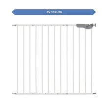 Barrière de sécurité pour portes et escaliers en métal blanc, réglable de 75 à 110 centimètres de large, avec poignée grise.