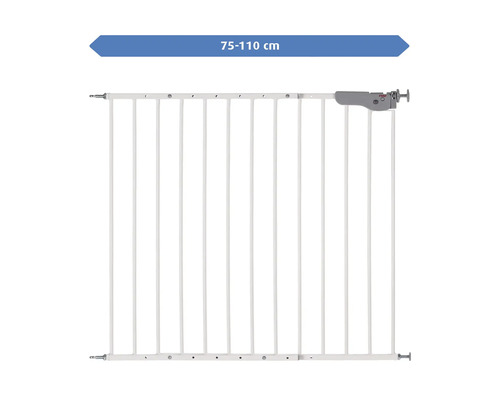 Weißes Tür- und Treppenschutzgitter aus Metall, verstellbar von 75 bis 110 Zentimeter Breite, mit grauem Griff.