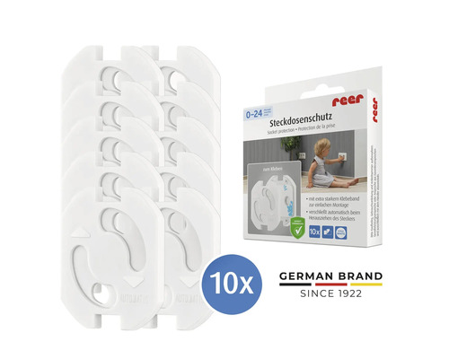 Zehn weiße Steckdosenschützer zum Kleben aus Kunststoff von reer.