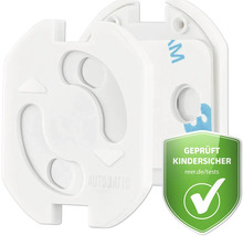 Weißer Steckdosenschutz zum Einkleben mit automatischem Drehmechanismus, geprüft kindersicher.