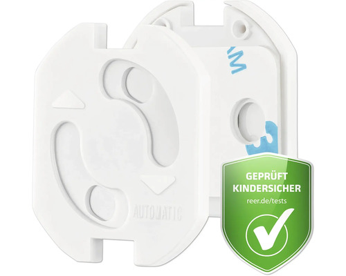 Weißer Steckdosenschutz zum Einkleben mit automatischem Drehmechanismus, geprüft kindersicher.