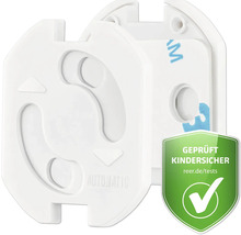 Weiße Kindersicherung für Steckdosen aus Kunststoff mit Drehmechanismus und dem Siegel Geprüft Kindersicher.