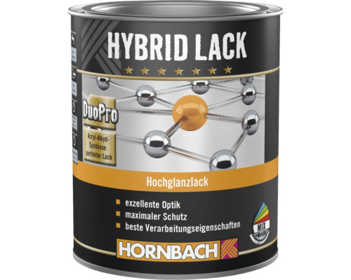 Hornbach Hybrid Lack, Hochglanzlack für innen und außen, Acryl-Alkyd-Symbiose DuoPro, Farbmischcenter Mix, Metallgebinde, Hornbach Logo.