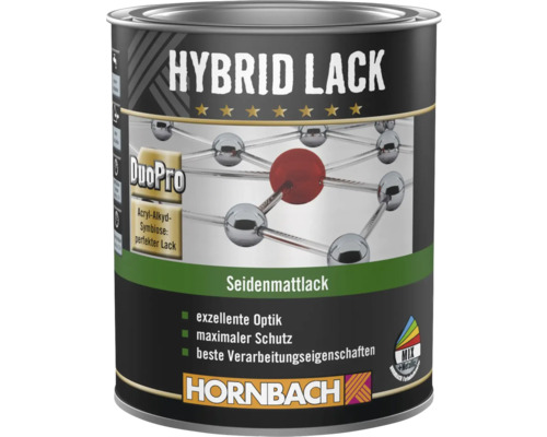 Vernis hybride Hornbach satiné avec technologie DuoPro pour une protection maximale et un aspect excellent. Logo Hornbach.