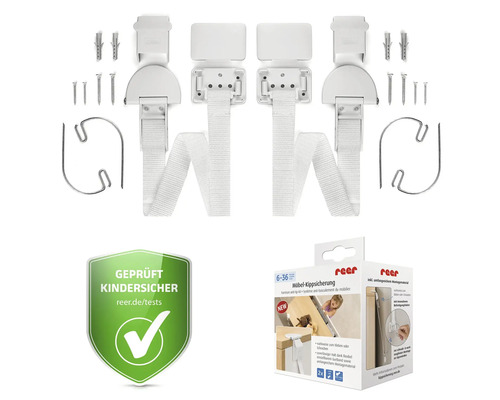 Reer Möbel-Kippsicherung Set mit zwei weißen Gurtbändern, Befestigungswinkeln, Schrauben, Dübeln, Montagehaken und Siegel für Kindersicherheit.