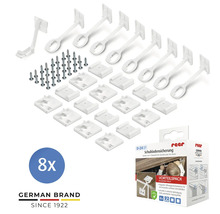 Bloque tiroir reer lot de 8 en plastique blanc avec vis et plaques de montage pour la sécurité des enfants dans les tiroirs. reer Logo.