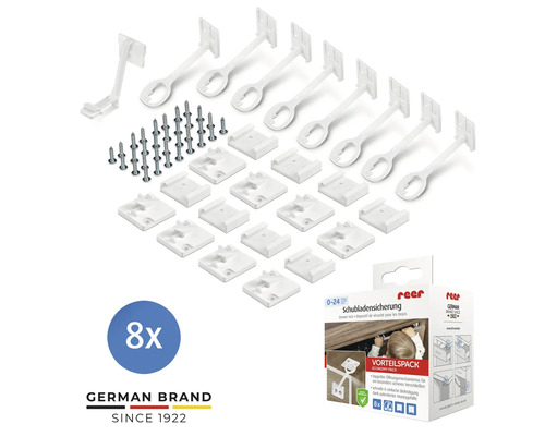 Bloque tiroir reer lot de 8 en plastique blanc avec vis et plaques de montage pour la sécurité des enfants dans les tiroirs. reer Logo.