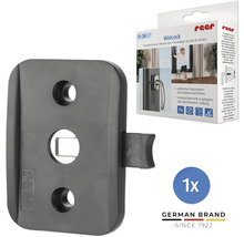 Sécurité de fenêtre Reer WinLock pour poignées de fenêtre en plastique anthracite avec emballage du produit.