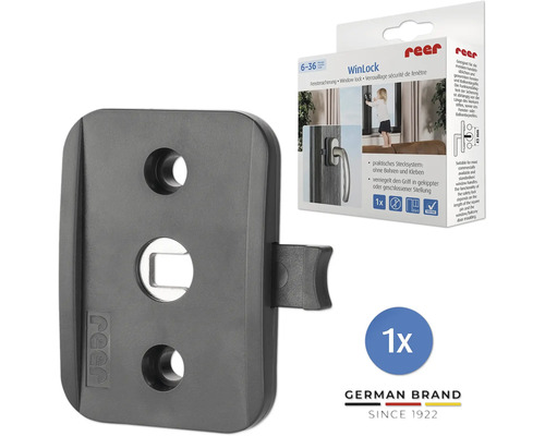 Sécurité de fenêtre Reer WinLock pour poignées de fenêtre en plastique anthracite avec emballage du produit.