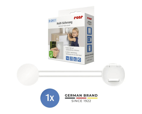 Sécurité multi-usage reer blanche en plastique pour armoires et tiroirs avec emballage du produit et reer Logo.