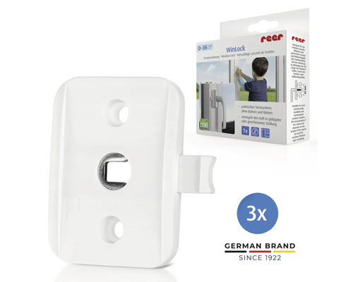 Weiße reer WinLock Fenstersicherung aus Kunststoff zur Kindersicherung von Fenstern und Balkontüren im 3er Pack.